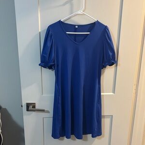 Blue V-Neck Dress with Puff Sleeves